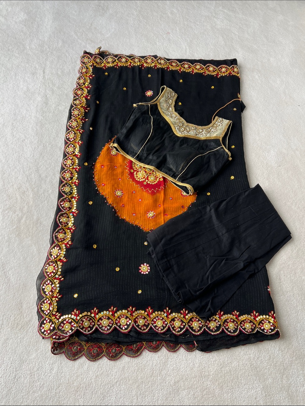 Ready to wear 3 piece Embroidered Black Ethnic Saree measurements in pic